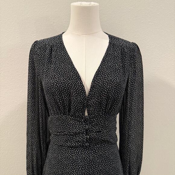 Reset by Jane Black Polka Dot Long Sleeve Mini Dress V Neck Fit Flare Boho Fall - Picture 3 of 11